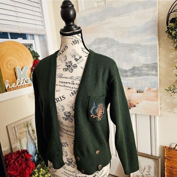 VTG Herman Geist Owl Patch Detail Wool Blend Preppy Cardigan. - Picture 3 of 15